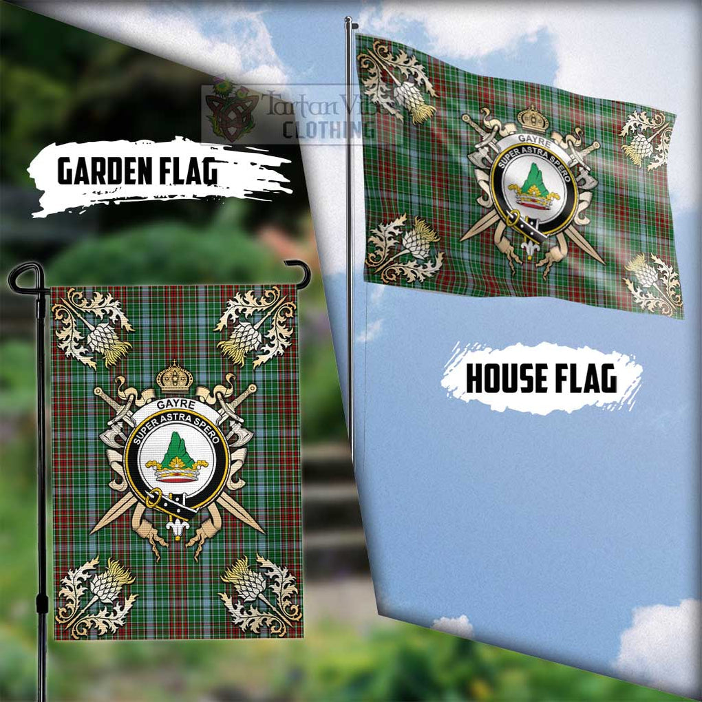 Tartan Vibes Clothing Gayre Tartan Flag with Family Crest and Golden Thistle Crossed Sword Design