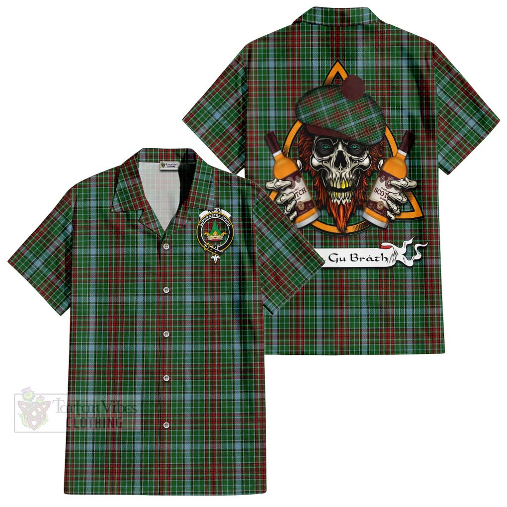 Tartan Vibes Clothing Gayre Tartan Short Sleeve Button Shirt with Family Crest and Bearded Skull Holding Bottles of Whiskey