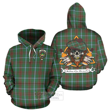 Gayre Tartan Hoodie with Family Crest and Bearded Skull Holding Bottles of Whiskey