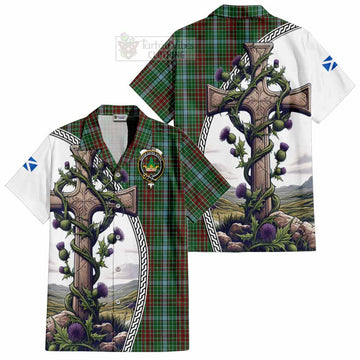 Gayre Tartan Short Sleeve Button Shirt with Family Crest and St. Andrew's Cross Accented by Thistle Vines