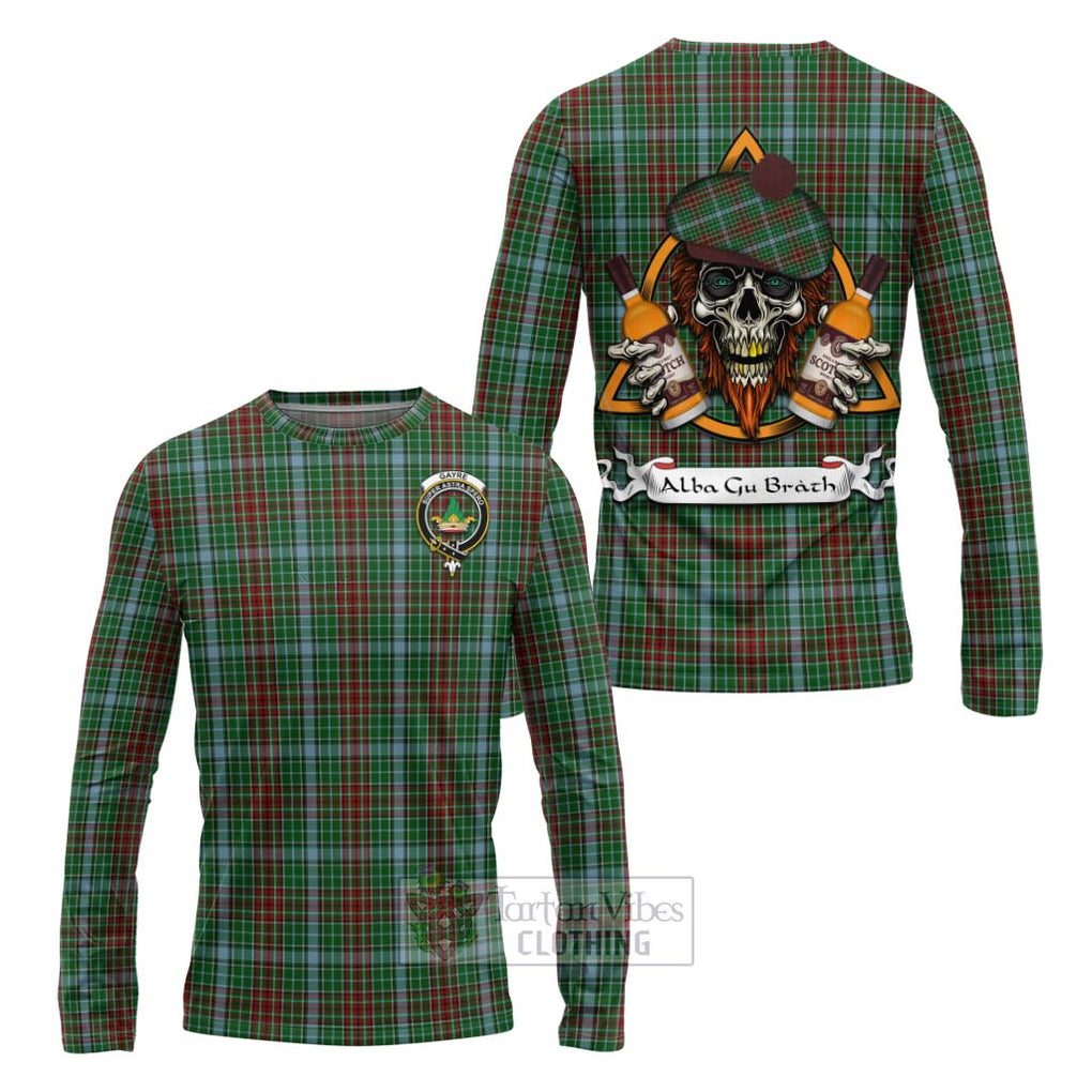 Tartan Vibes Clothing Gayre Tartan Long Sleeve T-Shirt with Family Crest and Bearded Skull Holding Bottles of Whiskey