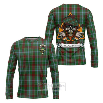 Gayre Tartan Long Sleeve T-Shirt with Family Crest and Bearded Skull Holding Bottles of Whiskey