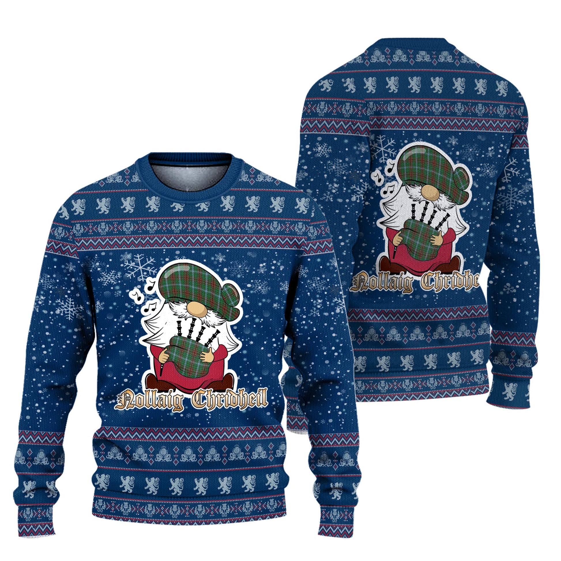 Gayre Clan Christmas Family Knitted Sweater with Funny Gnome Playing Bagpipes Unisex Blue - Tartanvibesclothing