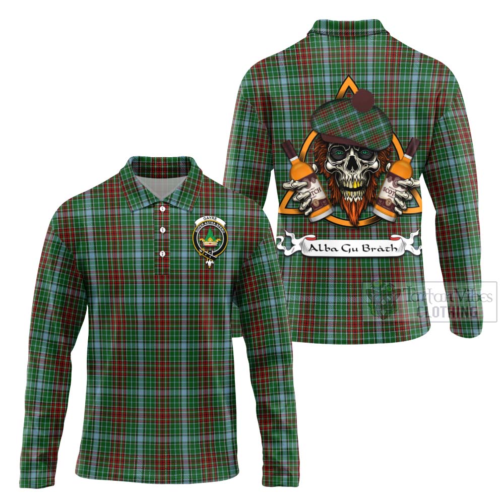 Tartan Vibes Clothing Gayre Tartan Long Sleeve Polo Shirt with Family Crest and Bearded Skull Holding Bottles of Whiskey