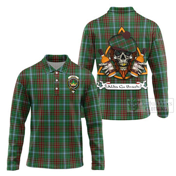 Gayre Tartan Long Sleeve Polo Shirt with Family Crest and Bearded Skull Holding Bottles of Whiskey