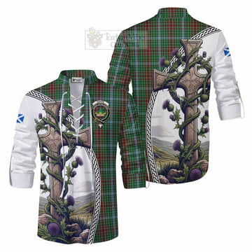 Gayre Tartan Ghillie Kilt Shirt with Family Crest and St. Andrew's Cross Accented by Thistle Vines