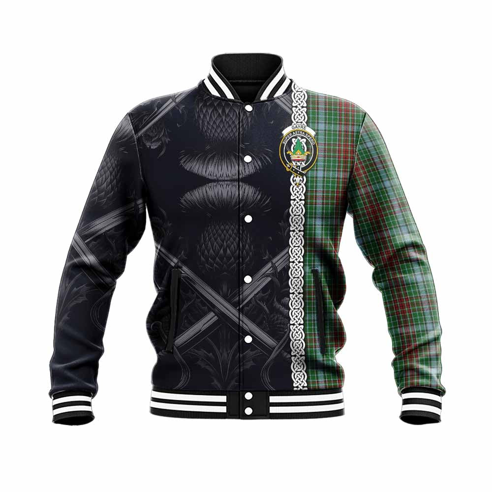 Tartan Vibes Clothing Gayre Tartan Baseball Jacket with Family Crest Cross Sword Thistle Celtic Vibes