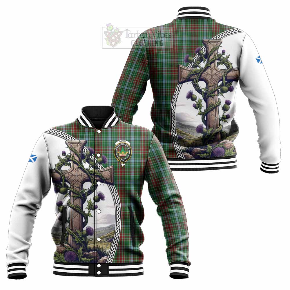 Tartan Vibes Clothing Gayre Tartan Baseball Jacket with Family Crest and St. Andrew's Cross Accented by Thistle Vines