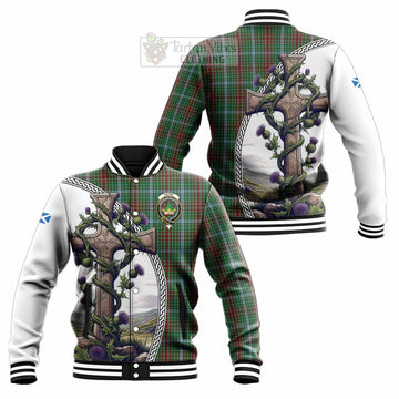 Gayre Tartan Baseball Jacket with Family Crest and St. Andrew's Cross Accented by Thistle Vines