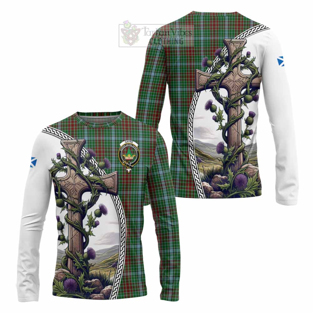 Tartan Vibes Clothing Gayre Tartan Long Sleeve T-Shirt with Family Crest and St. Andrew's Cross Accented by Thistle Vines