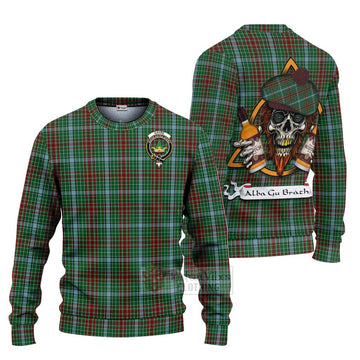 Gayre Tartan Ugly Sweater with Family Crest and Bearded Skull Holding Bottles of Whiskey