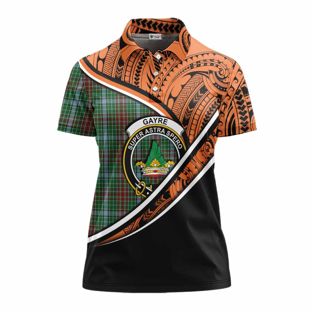 Tartan Vibes Clothing Gayre Crest Tartan Women's Polo Shirt with Maori Tattoo Style - Orange Version