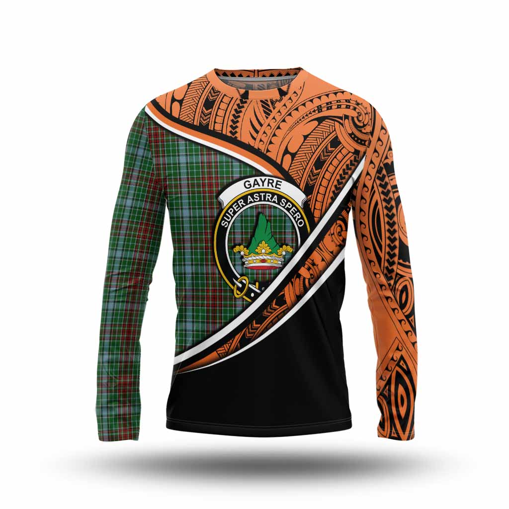 Tartan Vibes Clothing Gayre Crest Tartan Long Sleeve T-Shirt with Maori Tattoo Style - Orange Version