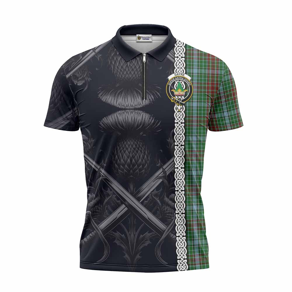 Tartan Vibes Clothing Gayre Tartan Zipper Polo Shirt with Family Crest Cross Sword Thistle Celtic Vibes