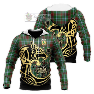 Gayre Tartan Knitted Hoodie with Family Crest Celtic Wolf Style