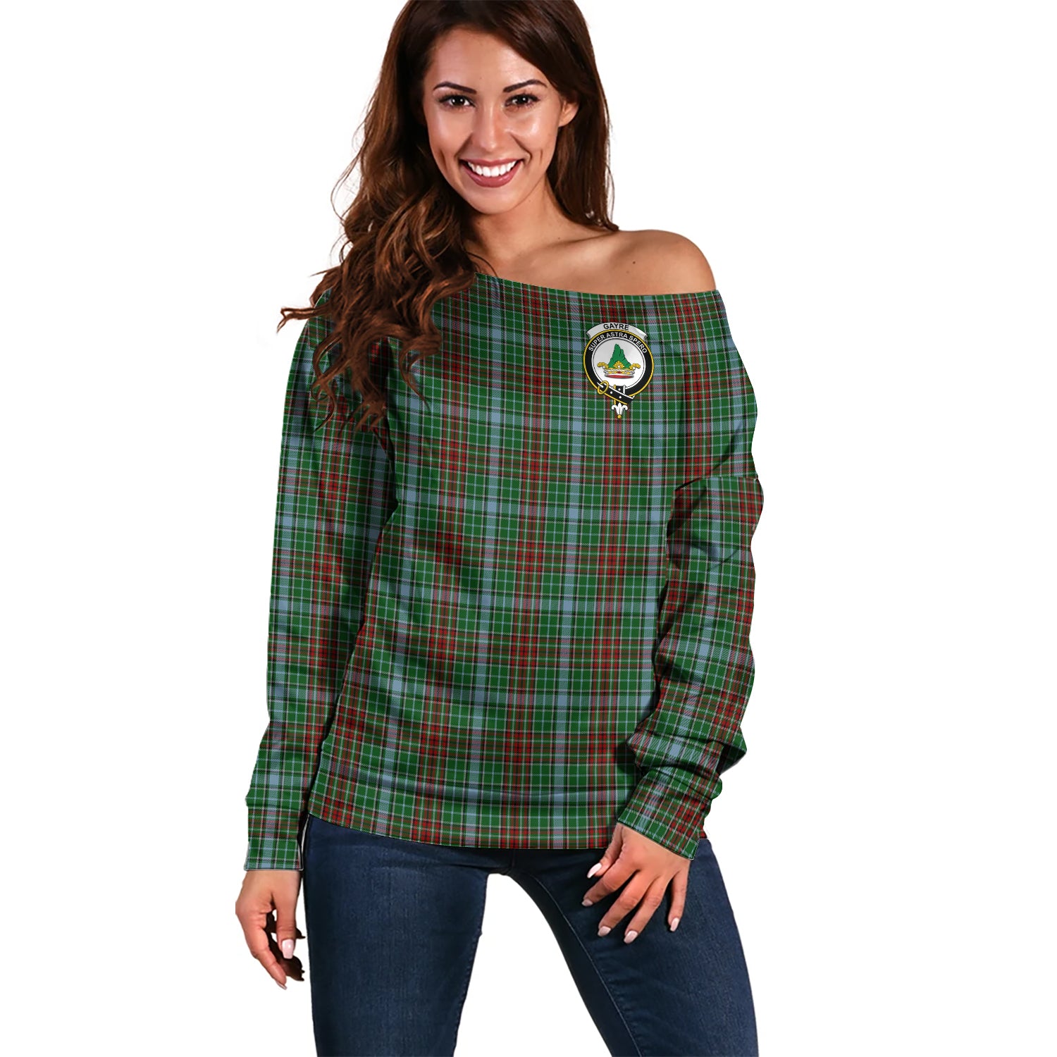 Gayre Tartan Off Shoulder Women Sweater with Family Crest Women - Tartanvibesclothing