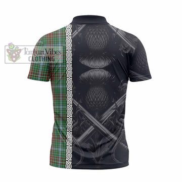 Gayre Tartan Zipper Polo Shirt with Family Crest Cross Sword Thistle Celtic Vibes