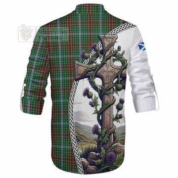 Gayre Tartan Ghillie Kilt Shirt with Family Crest and St. Andrew's Cross Accented by Thistle Vines