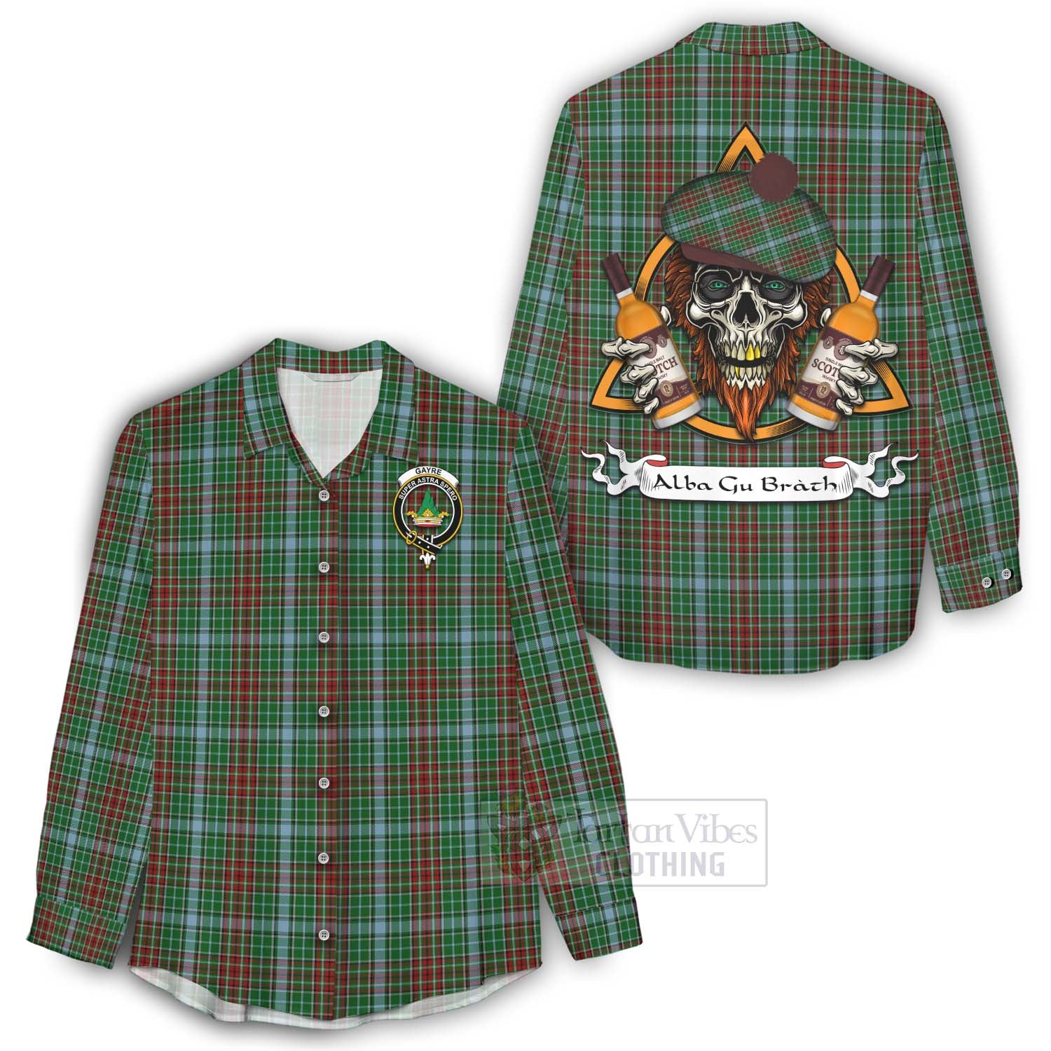 Tartan Vibes Clothing Gayre Tartan Women's Casual Shirt with Family Crest and Bearded Skull Holding Bottles of Whiskey