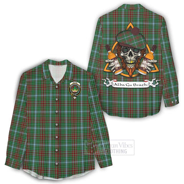 Gayre Tartan Women's Casual Shirt with Family Crest and Bearded Skull Holding Bottles of Whiskey