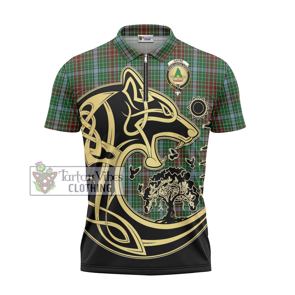 Gayre Tartan Zipper Polo Shirt with Family Crest Celtic Wolf Style - Tartanvibesclothing Shop