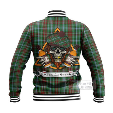 Gayre Tartan Baseball Jacket with Family Crest and Bearded Skull Holding Bottles of Whiskey