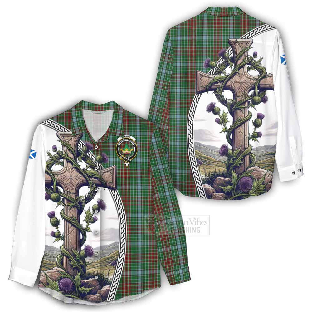 Tartan Vibes Clothing Gayre Tartan Women's Casual Shirt with Family Crest and St. Andrew's Cross Accented by Thistle Vines