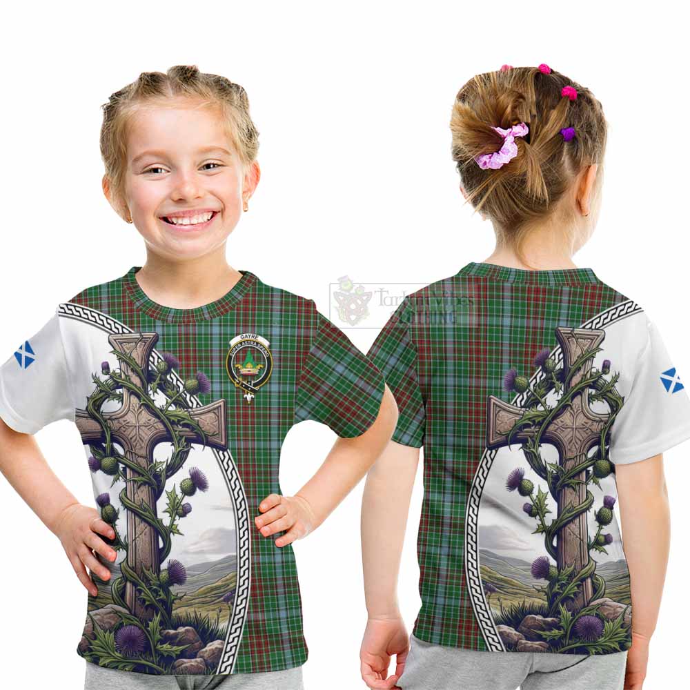 Tartan Vibes Clothing Gayre Tartan Kid T-Shirt with Family Crest and St. Andrew's Cross Accented by Thistle Vines