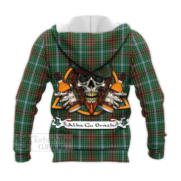 Gayre Tartan Knitted Hoodie with Family Crest and Bearded Skull Holding Bottles of Whiskey