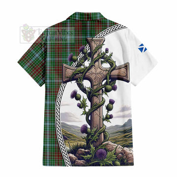 Gayre Tartan Short Sleeve Button Shirt with Family Crest and St. Andrew's Cross Accented by Thistle Vines