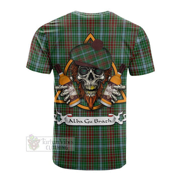 Gayre Tartan Cotton T-shirt with Family Crest and Bearded Skull Holding Bottles of Whiskey