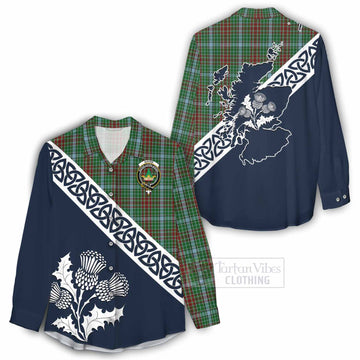 Gayre Tartan Women's Casual Shirt Featuring Thistle and Scotland Map