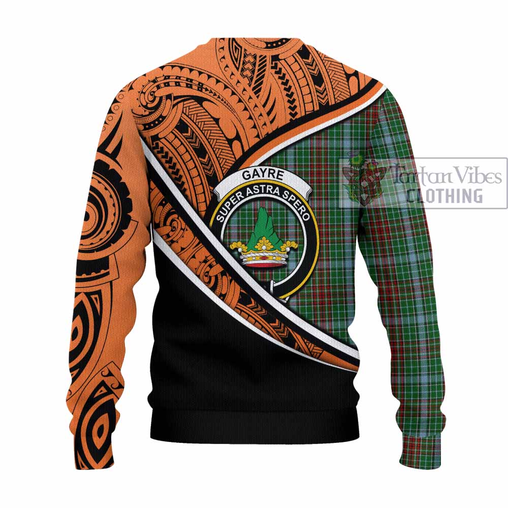 Tartan Vibes Clothing Gayre Crest Tartan Knitted Sweater with Maori Tattoo Style - Orange Version