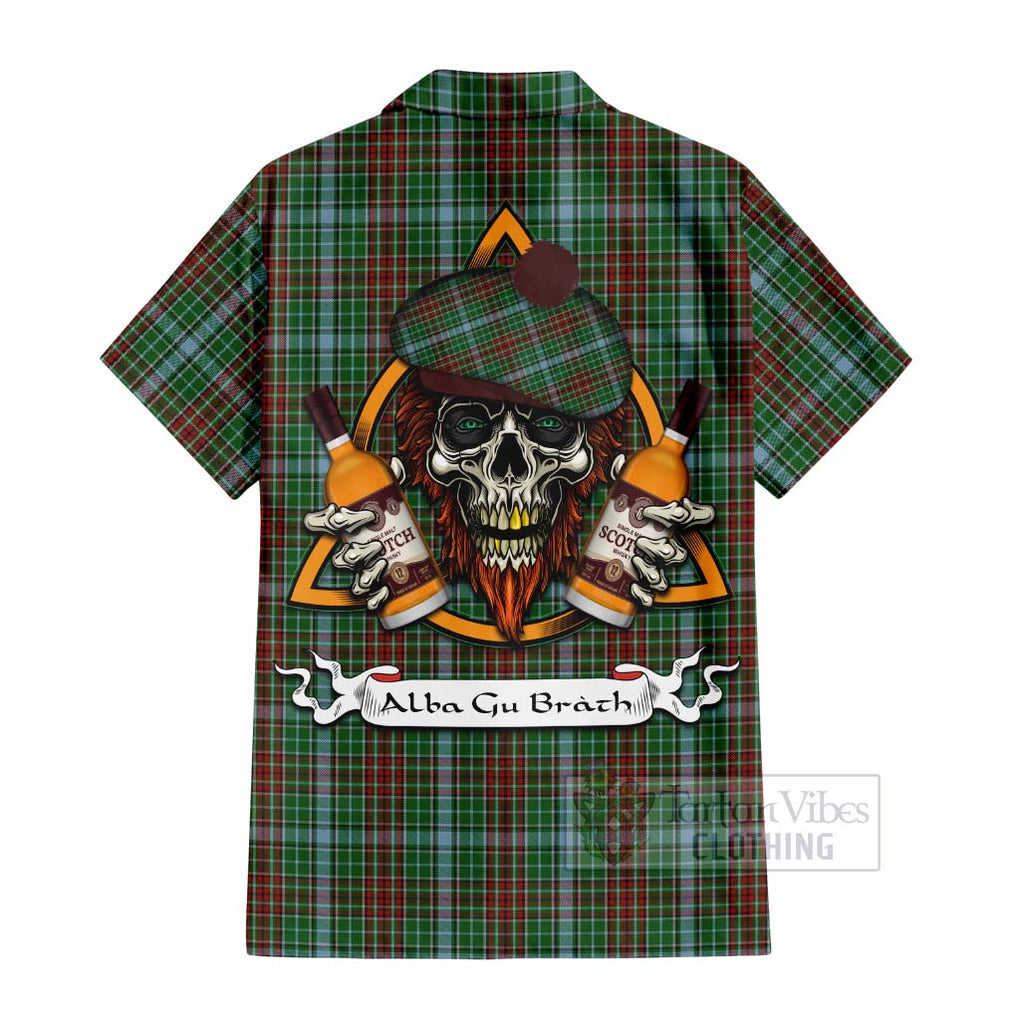 Tartan Vibes Clothing Gayre Tartan Short Sleeve Button Shirt with Family Crest and Bearded Skull Holding Bottles of Whiskey