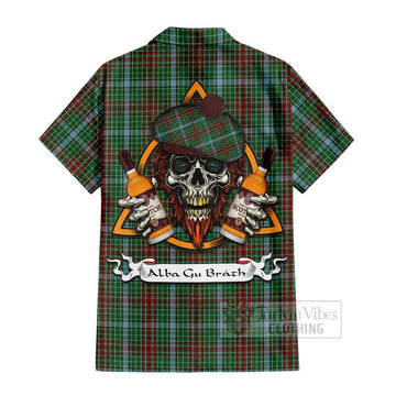 Gayre Tartan Short Sleeve Button Shirt with Family Crest and Bearded Skull Holding Bottles of Whiskey