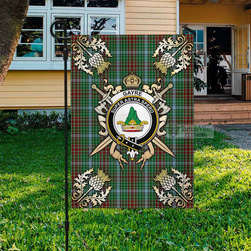 Tartan Vibes Clothing Gayre Tartan Flag with Family Crest and Golden Thistle Crossed Sword Design