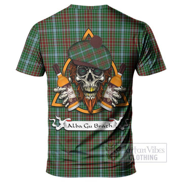 Gayre Tartan T-Shirt with Family Crest and Bearded Skull Holding Bottles of Whiskey