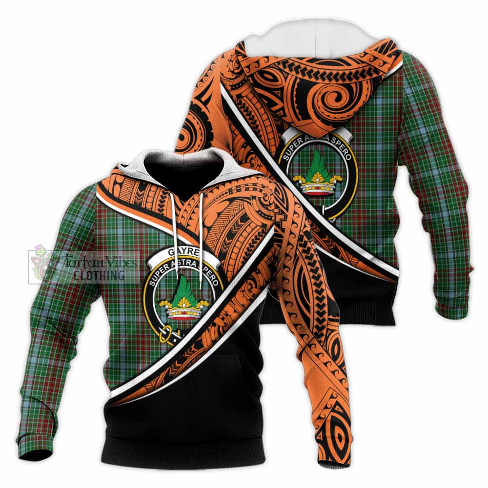 Tartan Vibes Clothing Gayre Crest Tartan Knitted Hoodie with Maori Tattoo Style - Orange Version