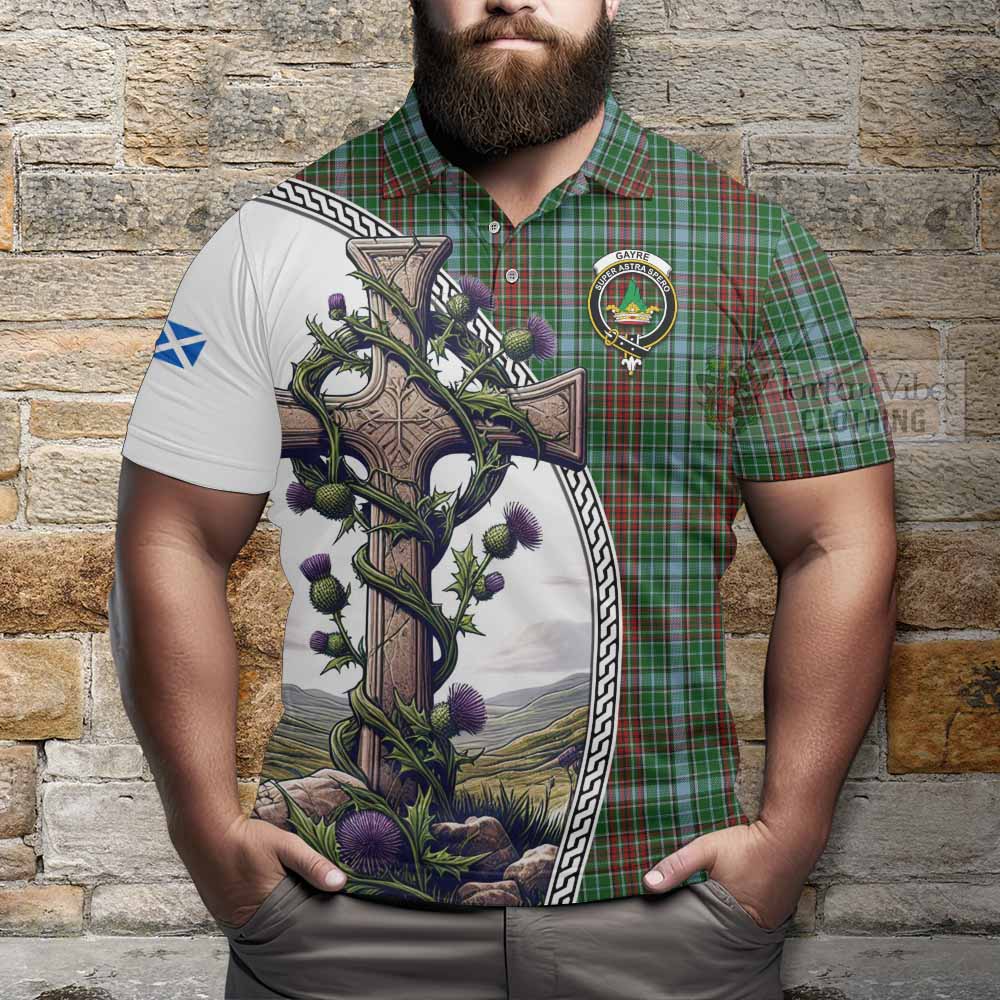 Tartan Vibes Clothing Gayre Tartan Polo Shirt with Family Crest and St. Andrew's Cross Accented by Thistle Vines