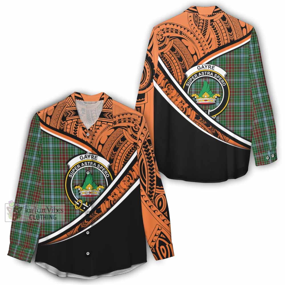 Tartan Vibes Clothing Gayre Crest Tartan Women's Casual Shirt with Maori Tattoo Style - Orange Version