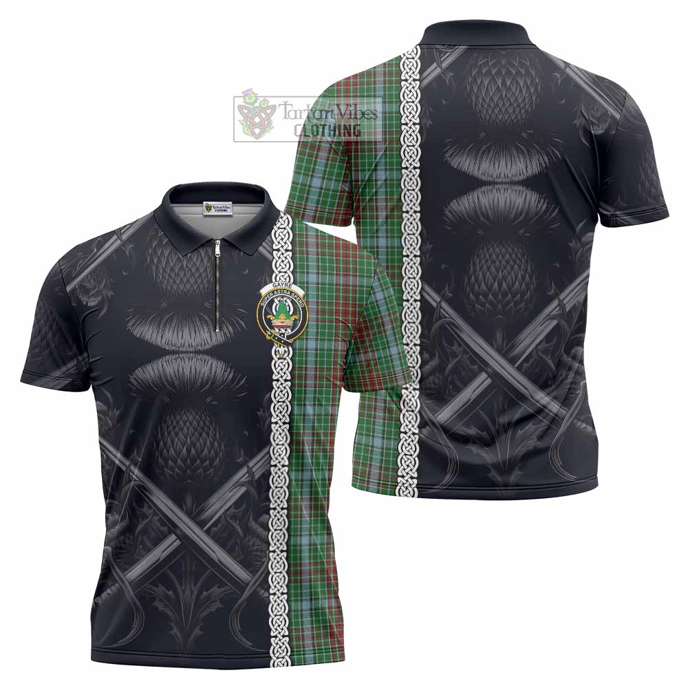 Tartan Vibes Clothing Gayre Tartan Zipper Polo Shirt with Family Crest Cross Sword Thistle Celtic Vibes