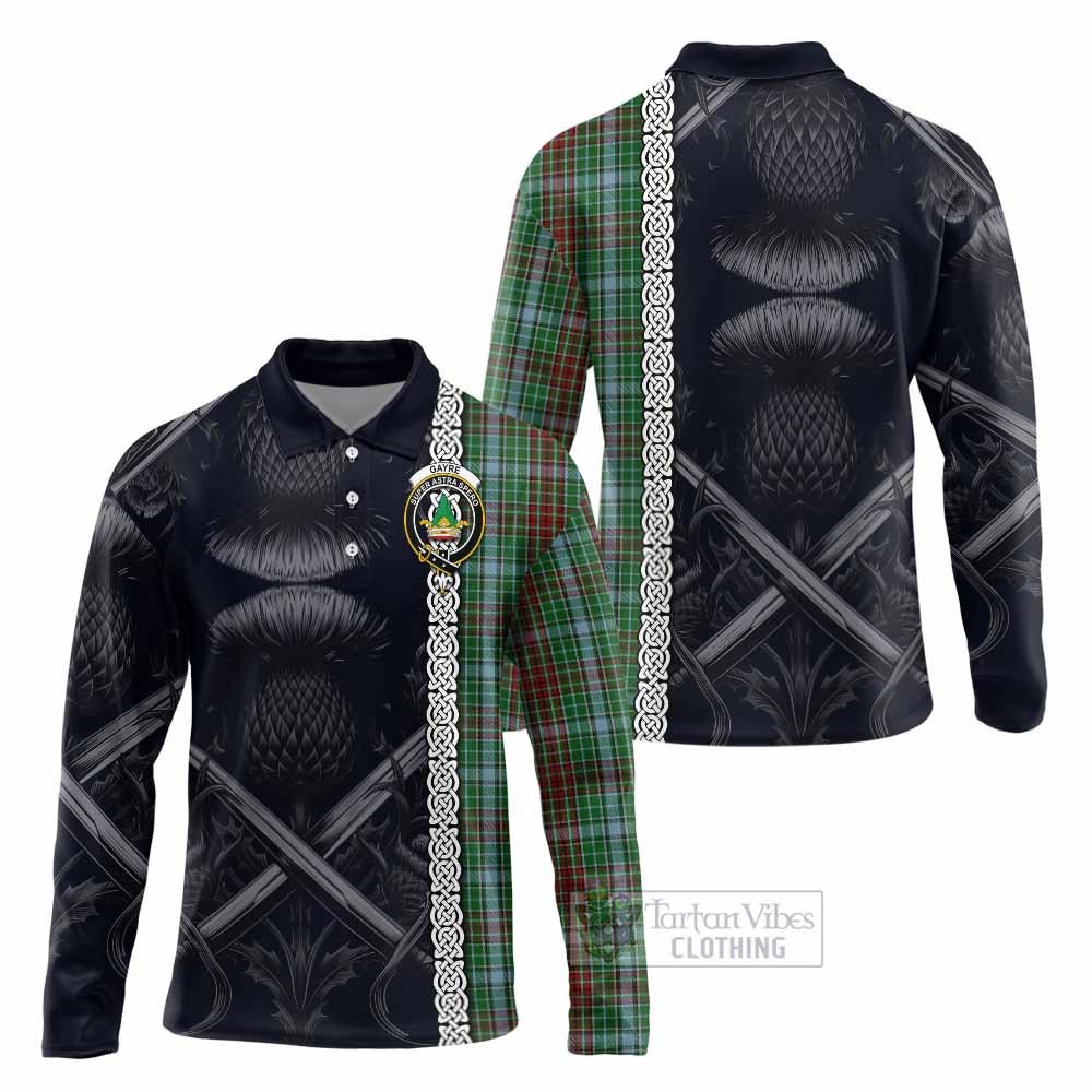 Tartan Vibes Clothing Gayre Tartan Long Sleeve Polo Shirt with Family Crest Cross Sword Thistle Celtic Vibes