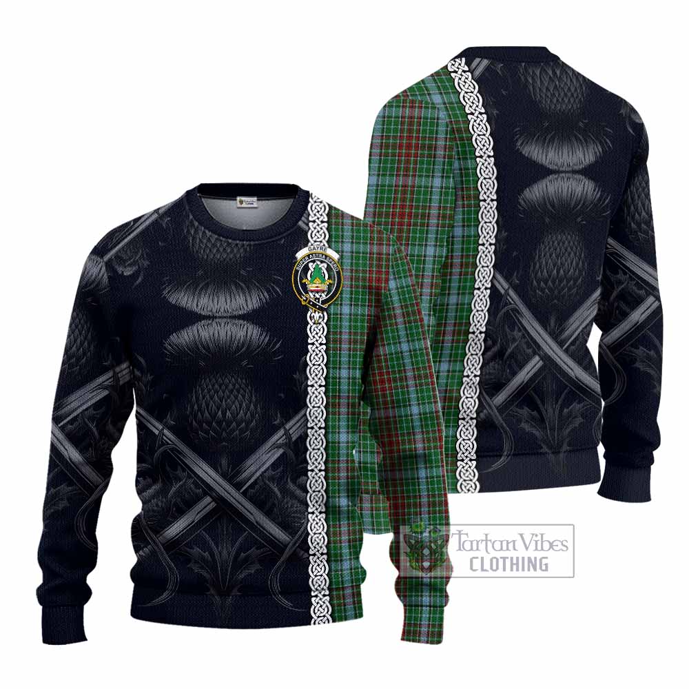 Tartan Vibes Clothing Gayre Tartan Knitted Sweater with Family Crest Cross Sword Thistle Celtic Vibes