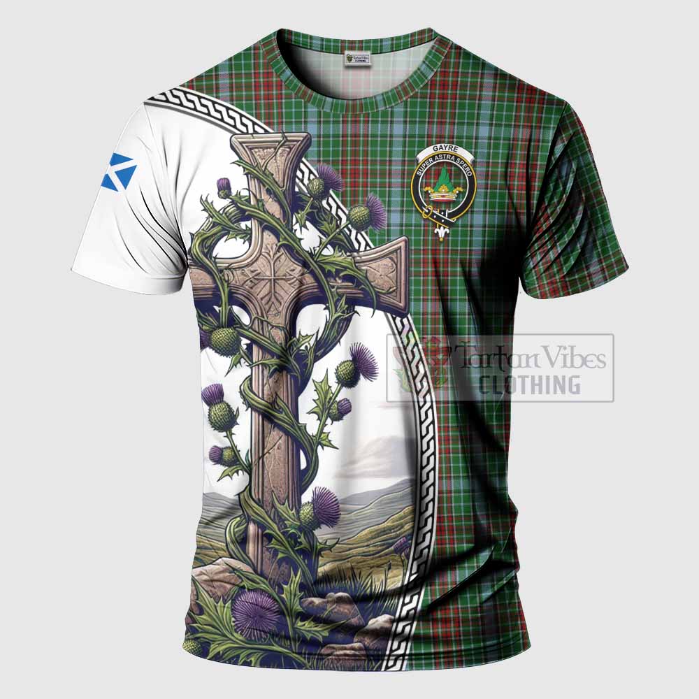 Tartan Vibes Clothing Gayre Agnew Tartan T-Shirt with Family Crest and St. Andrew's Cross Accented by Thistle Vines