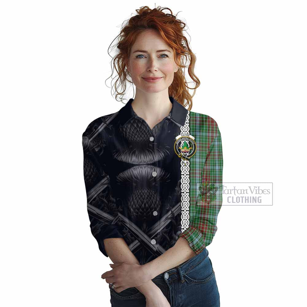 Tartan Vibes Clothing Gayre Tartan Women's Casual Shirt with Family Crest Cross Sword Thistle Celtic Vibes