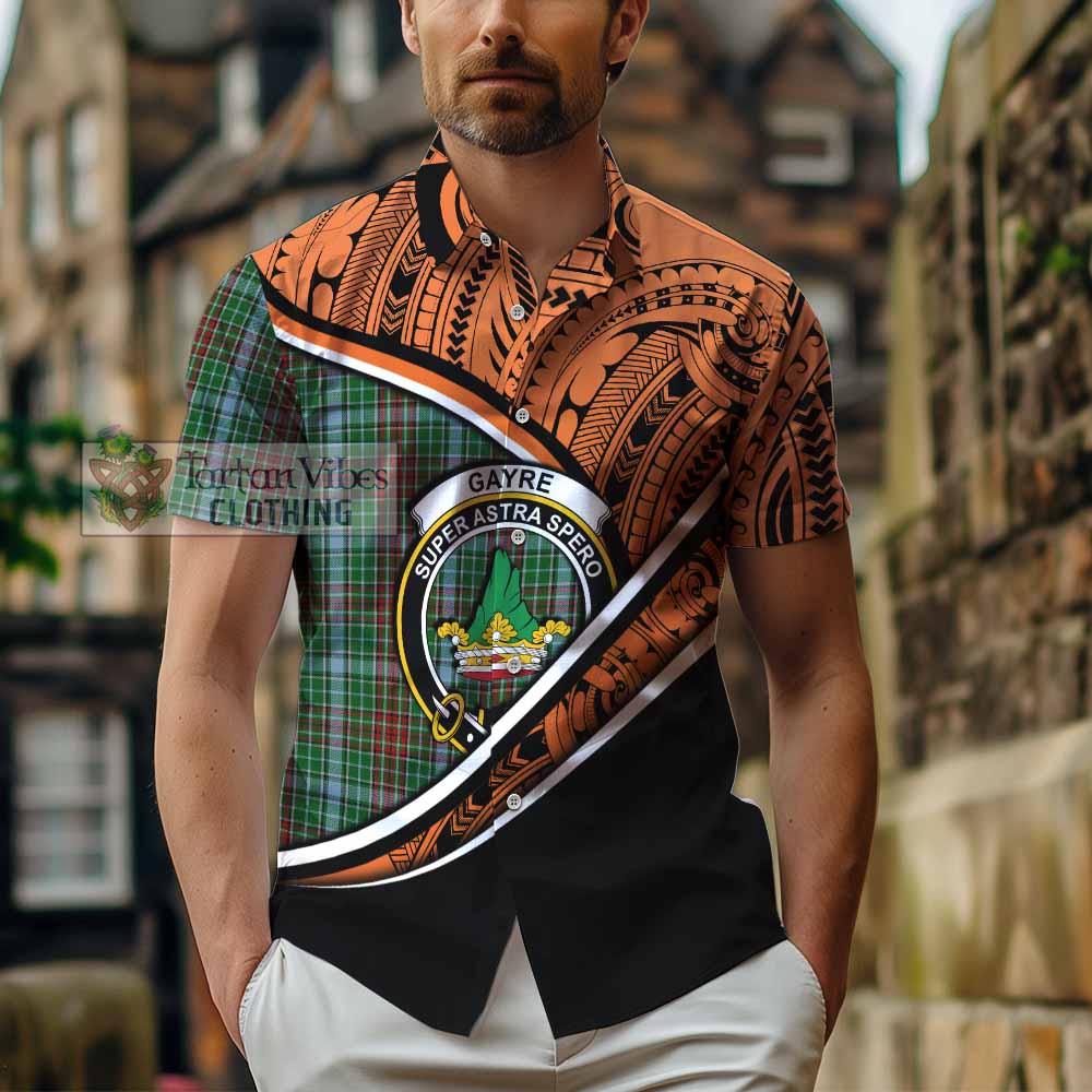 Tartan Vibes Clothing Gayre Crest Tartan Short Sleeve Button Shirt with Maori Tattoo Style - Orange Version