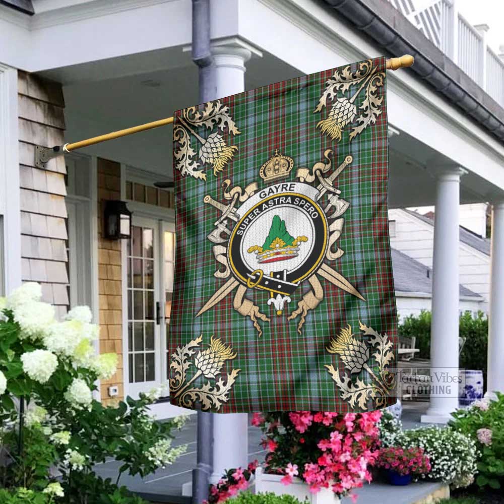 Tartan Vibes Clothing Gayre Tartan Flag with Family Crest and Golden Thistle Crossed Sword Design