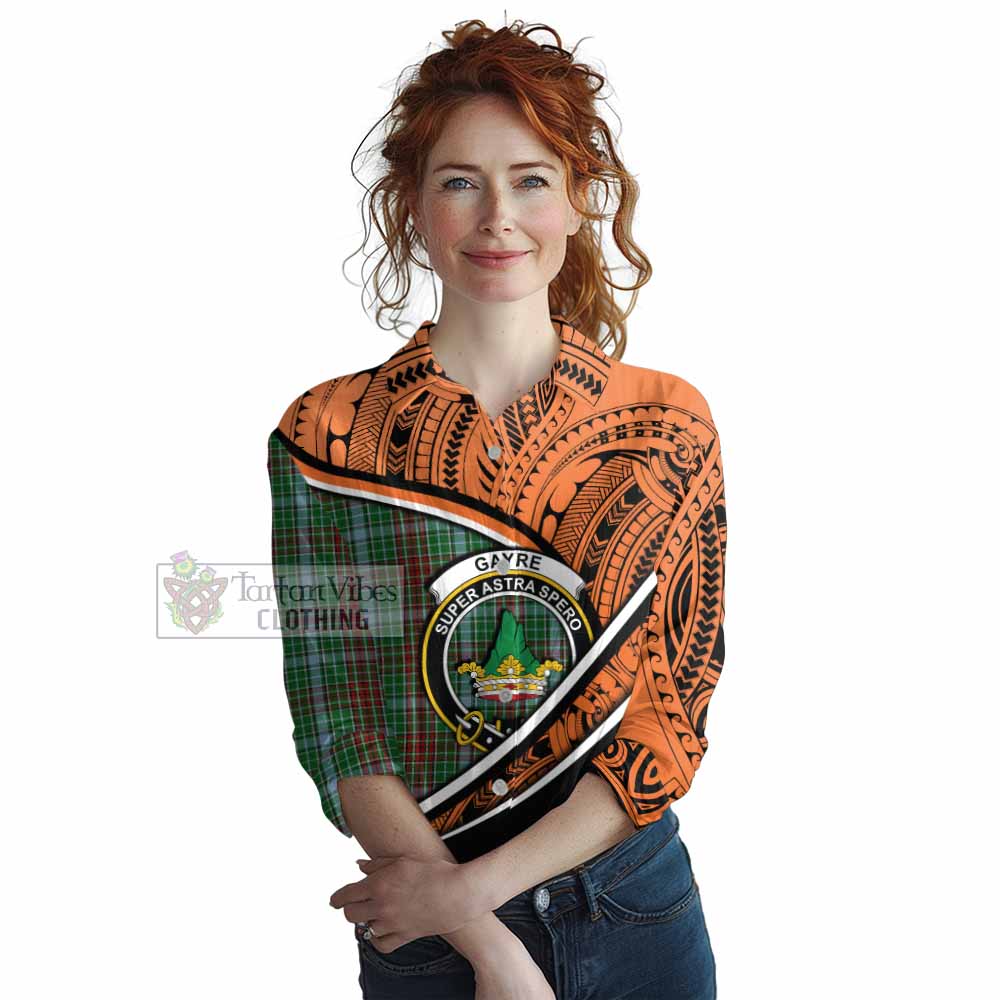 Tartan Vibes Clothing Gayre Crest Tartan Women's Casual Shirt with Maori Tattoo Style - Orange Version