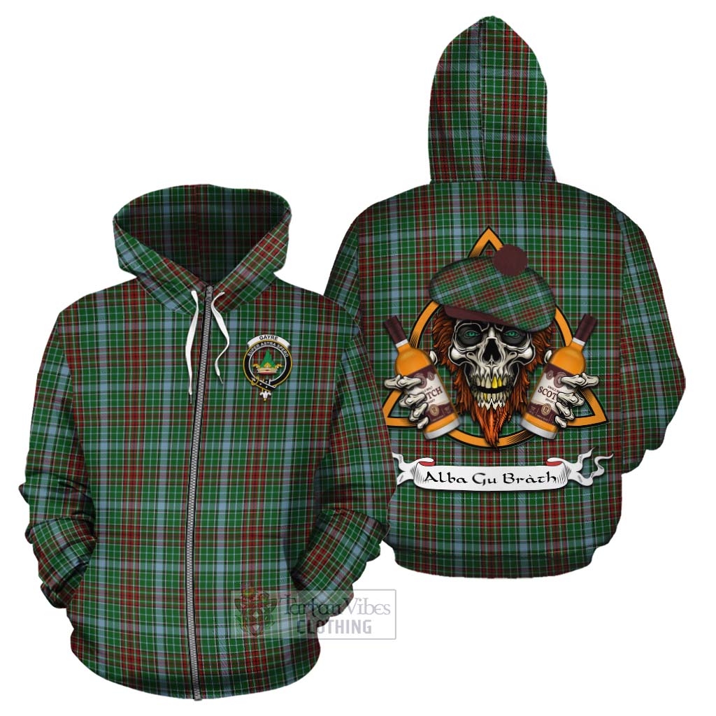 Tartan Vibes Clothing Gayre Tartan Cotton Hoodie with Family Crest and Bearded Skull Holding Bottles of Whiskey