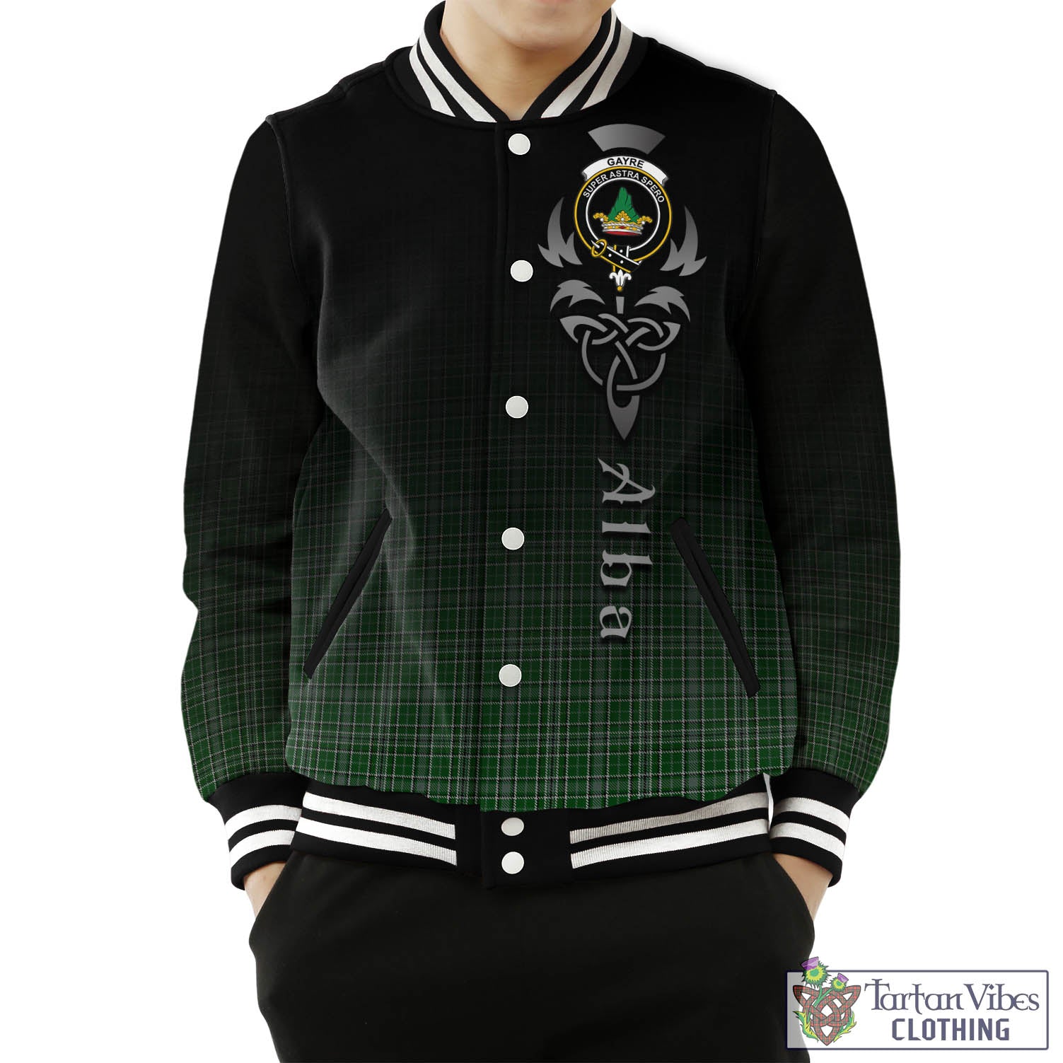 Tartan Vibes Clothing Gayre Dress Tartan Baseball Jacket Featuring Alba Gu Brath Family Crest Celtic Inspired